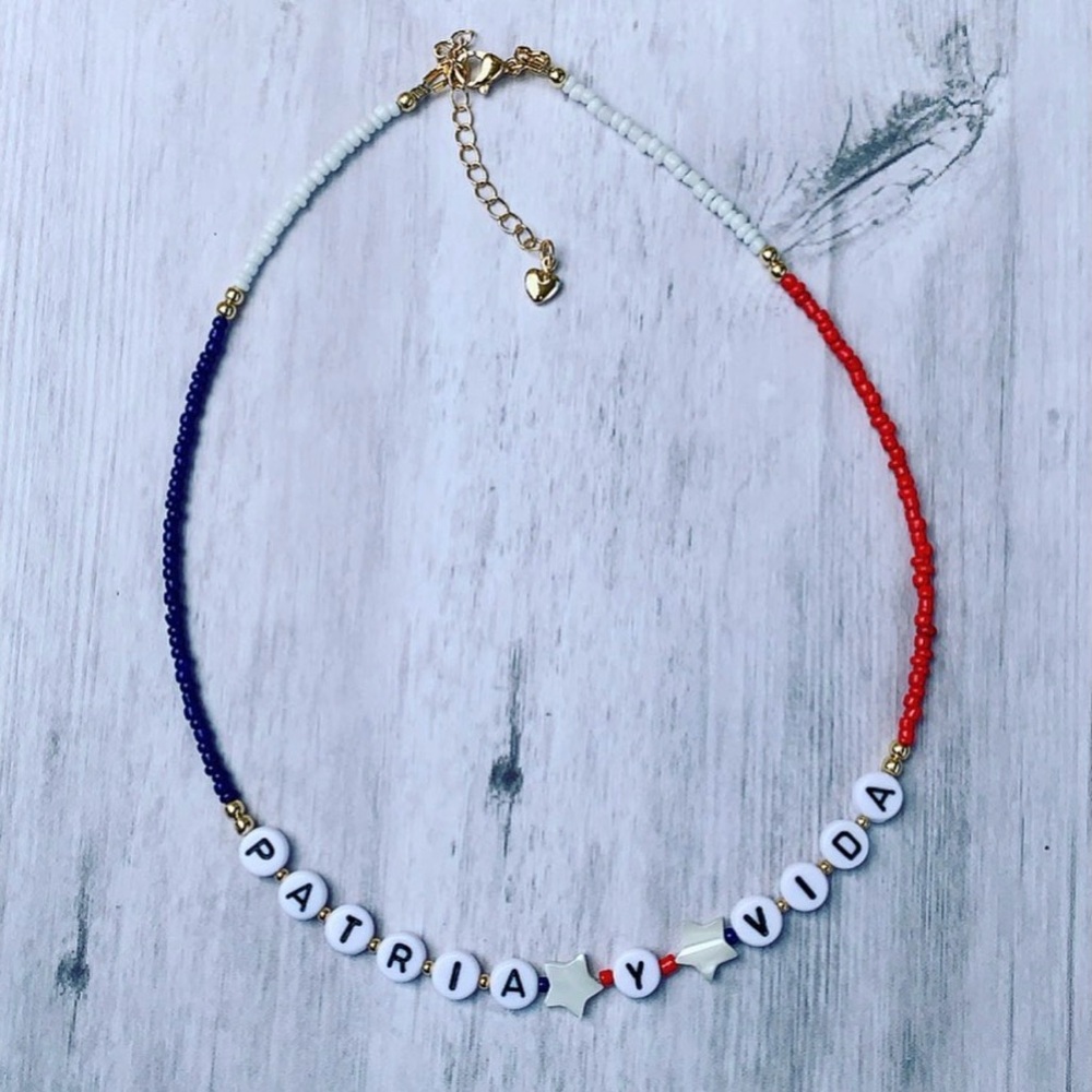 Patria Y Vida Beaded Necklace in Red, Blue & White